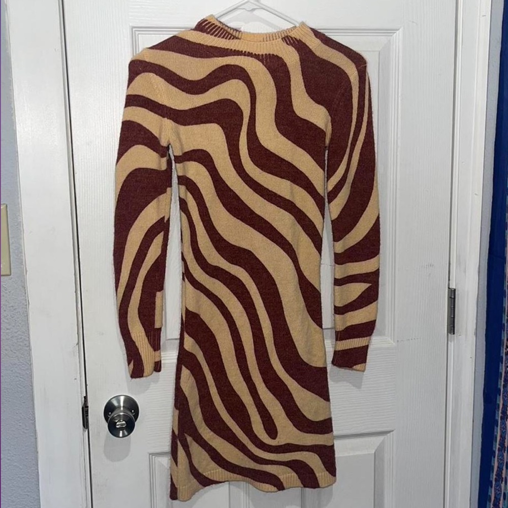 Zara Brown and Cream Bodycon Dress Mock Neck Long Sleeve